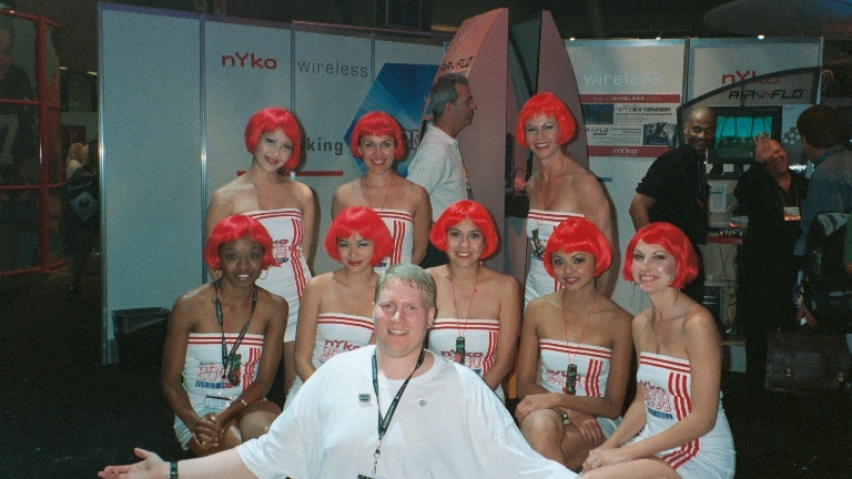 E3 2003. Each year, Nyko hires a bunch of strippers to pose as Fembots.