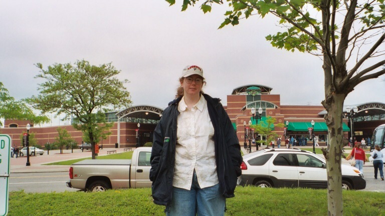 Cindy atop the hill in the parking area across from Olds Park. Just kinda showing off the park architecture.